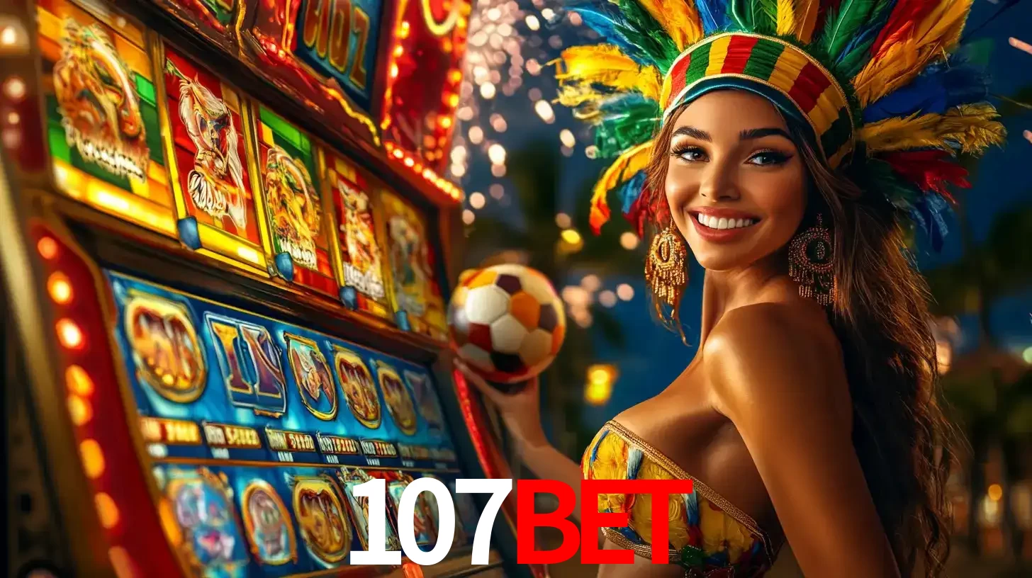 Mulher com um cocar de carnaval ao lado de uma máquina de caça-níqueis enquanto segura uma bola de futebol, mostrando a união da diversão de cassino e esportes no 107bet.