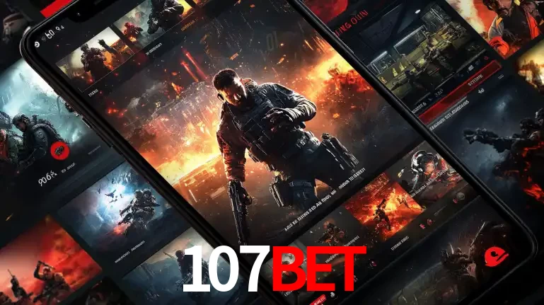 Tela de um celular exibindo uma galeria de jogos de tiro com temática militar, mostrando a variedade de e-sports disponíveis para apostas na plataforma de entretenimento 107bet.