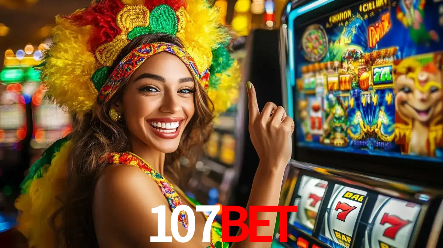 Mulher animada com um cocar de carnaval apontando para uma máquina de caça-níqueis, mostrando a emoção de ganhar um grande prêmio nos jogos do 107bet.