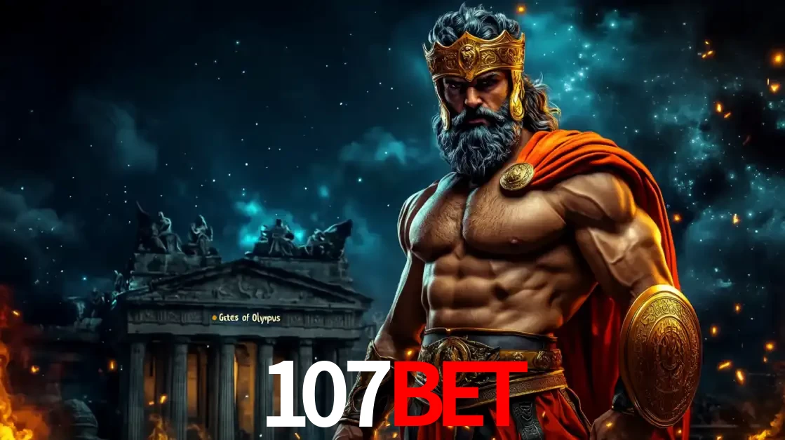 O poderoso Zeus do jogo de slot Gates of Olympus em frente ao seu templo, pronto para lançar multiplicadores divinos e prêmios épicos no cassino online 107bet.
