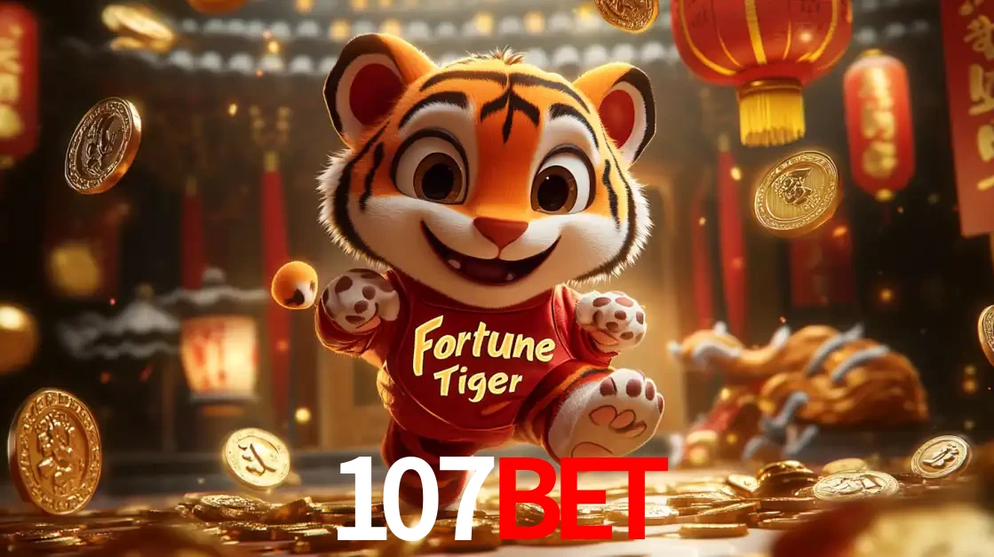 O alegre personagem do Fortune Tiger correndo sobre um caminho de moedas de ouro, simbolizando os grandes prêmios e a diversão do popular jogo de slot do 107bet.