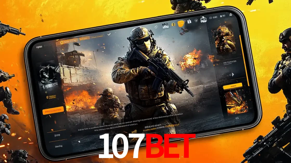Um smartphone exibindo a interface de um jogo de tiro em primeira pessoa, com um soldado em um cenário de batalha, representando a ação dos e-sports para apostar no 107bet.