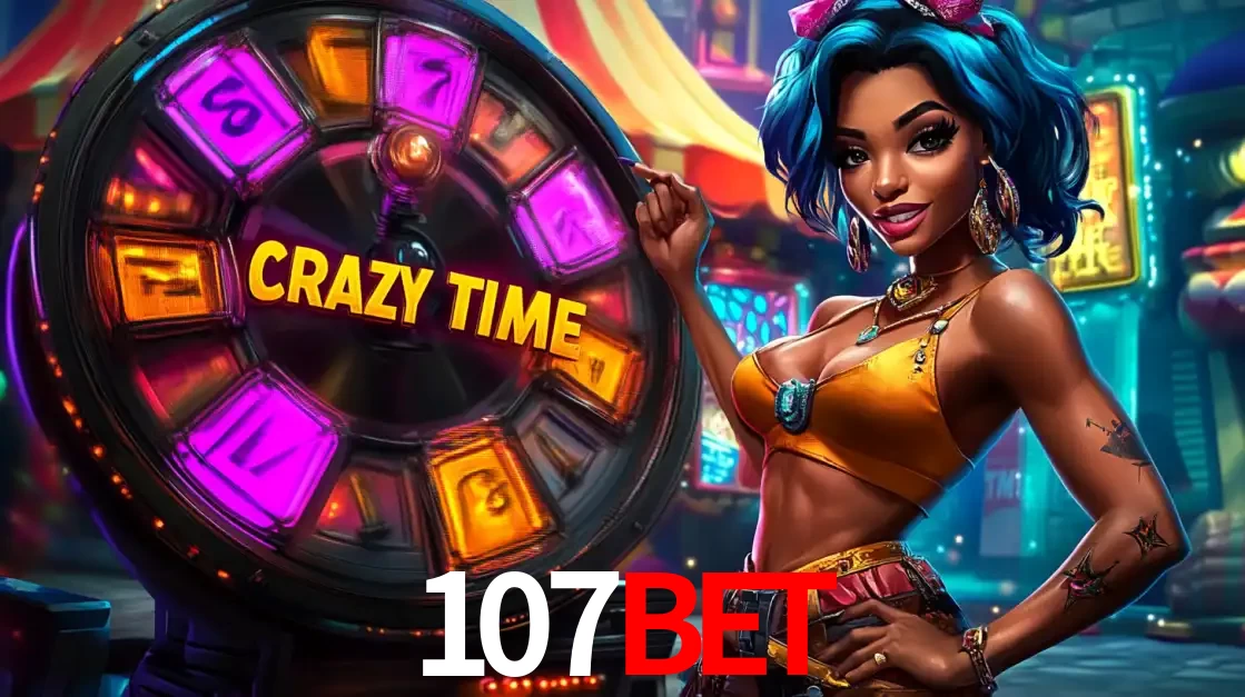 Mulher estilizada com cabelo azul e visual vibrante posando ao lado da roda de prêmios do game show Crazy Time, convidando para a diversão e os bônus do cassino 107bet.