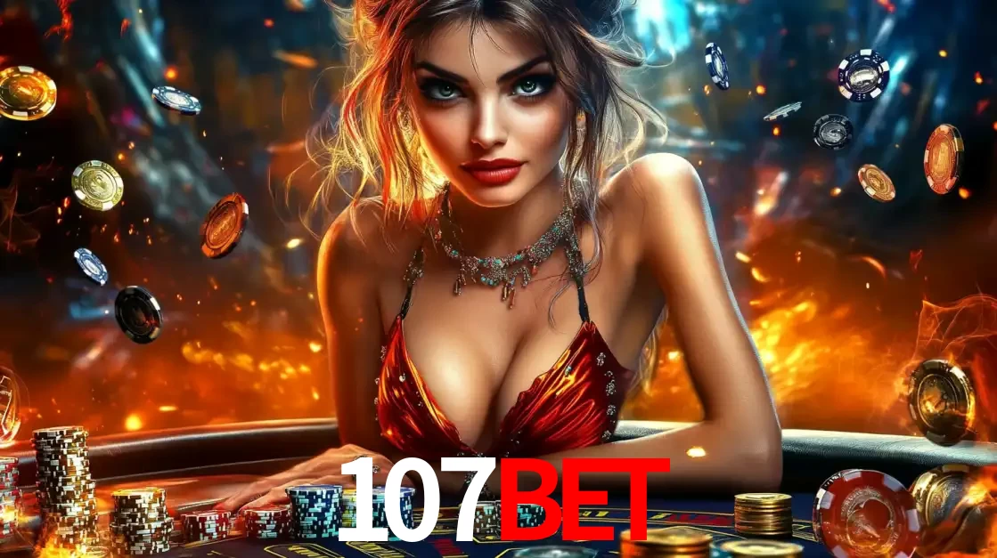 Mulher em uma mesa de cassino com pilhas de fichas e um fundo de fogo, pronta para uma rodada de altas apostas nos jogos de mesa emocionantes do cassino 107bet.