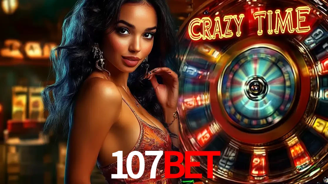 Mulher elegante ao lado da vibrante roda da fortuna do jogo de cassino ao vivo Crazy Time, um dos game shows mais populares e cheios de prêmios do 107bet.