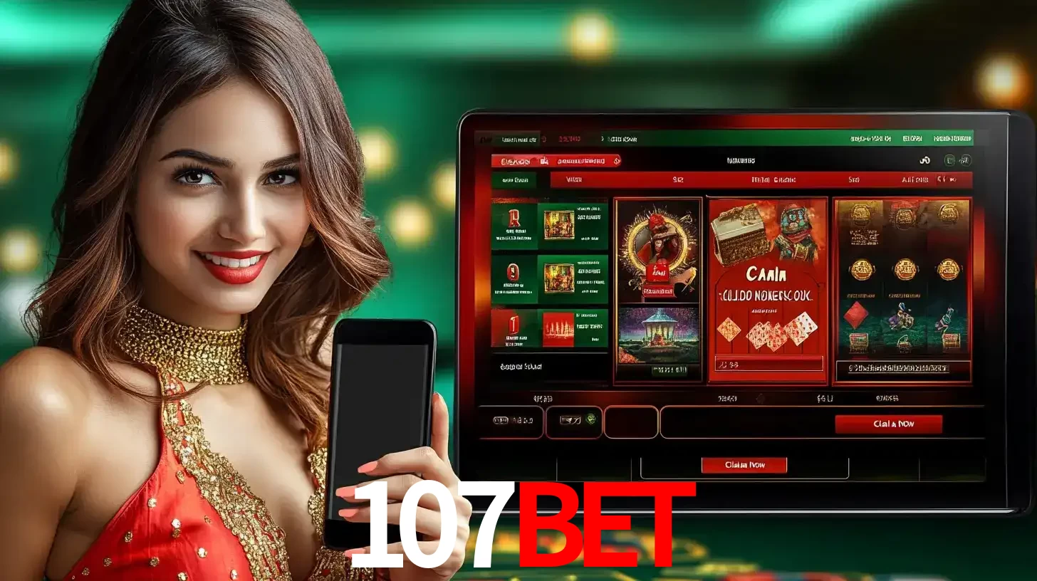 Mulher sorridente segurando um smartphone, ao lado de uma tela exibindo o lobby de jogos do cassino online 107bet, com várias opções de jogos de cartas e slots.